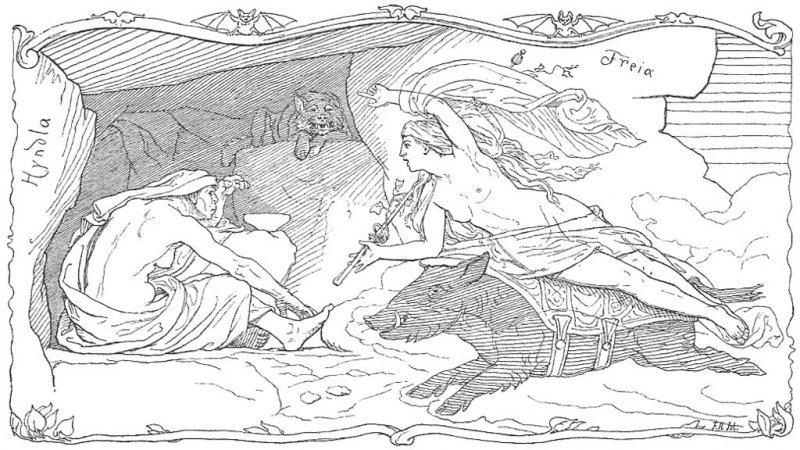 God of War: Freya è distesa sul suo fidato cinghiale Hildisvíni mentre è in procinto di raggiungere Hyndla, una gigantessa sciamana, in questa illustrazione di Lorenz Frølich, datata 1895