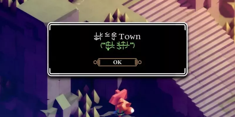 Tunic, un'immagine del gioco che mostra un messaggio nella strana lingua Tunic, un'immagine del gioco che mostra un messaggio nella strana lingua