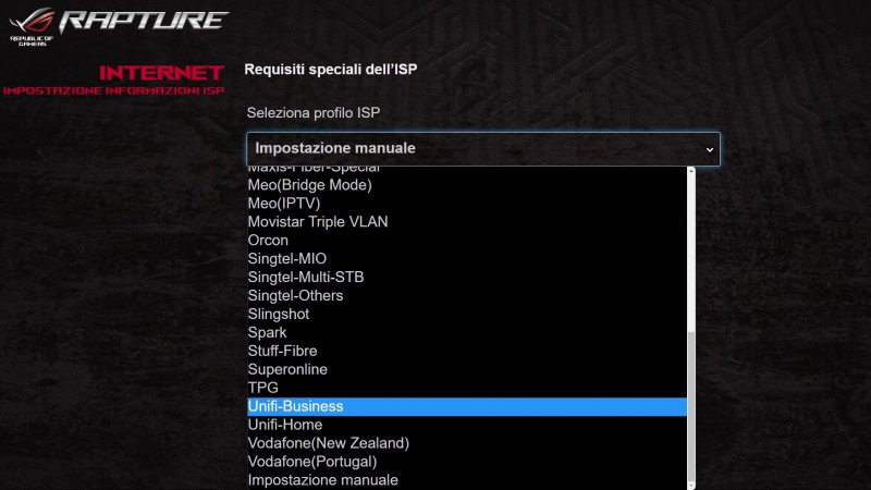 La dashboard dell'ASUS ROG Rapture GT-AXE11000 permette di scegliere l'ISP, ma non ha opzioni italiane La dashboard dell'ASUS ROG Rapture GT-AXE11000 permette di scegliere l'ISP, ma non ha opzioni italiane