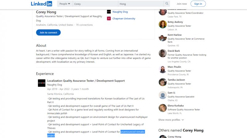 Il profilo LinkedIn di Corey Hong di Naughty Dog Il profilo LinkedIn di Corey Hong di Naughty Dog