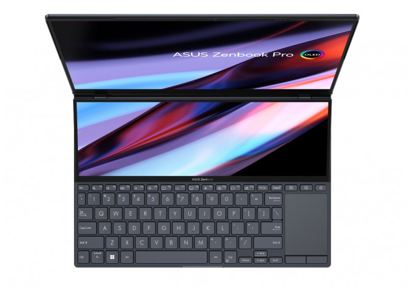Un meccanismo rifinito che trasforma in una superficie quasi unica i due schermi dell'ASUS Zenbook Pro 14 Duo OLED