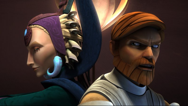 Satine Kryze e Obi-Wan Kenobi in una scena di Star Wars: The Clone Wars Satine Kryze e Obi-Wan Kenobi in una scena di Star Wars: The Clone Wars
