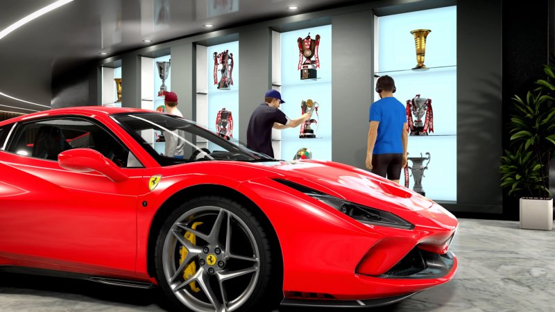 Sala trofei nella sezione F1 Life di F1 22 con la supercar in primo piano Sala trofei nella sezione F1 Life di F1 22 con la supercar in primo piano