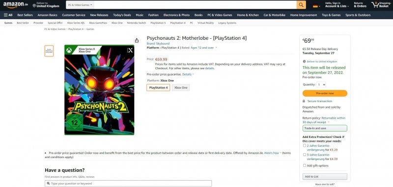 Psychonauts 2, physical version on Amazon Germany
