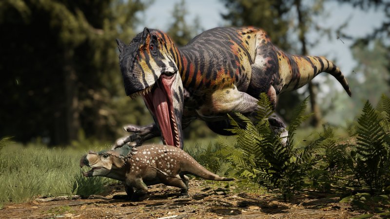 An adult carnivore eating a pup in Path of Titans