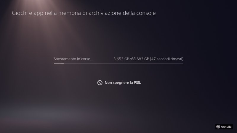 Lo spostamento di un gioco di 68,683 GB dalla memoria interna all'SSD M.2 richiede meno di un minuto
