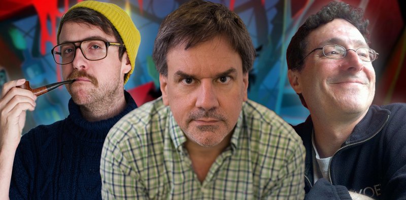 (da sinistra a destra) Rex Crowle, Ron Gilbert e Dave Grossman