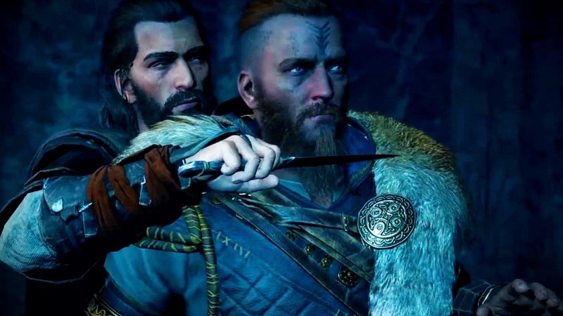 Basem amenaza a Sigurd con un cuchillo en Assassin's Creed Valhalla
