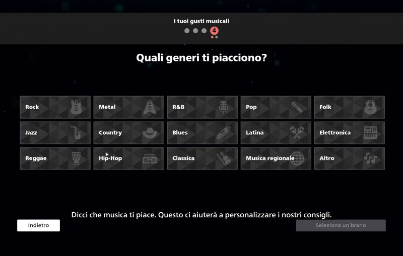 Al primo avvio, Rocksmith+ chiede di selezionare una serie di canzoni e generi preferiti per poter suggerire brani che incontrano i propri gusti