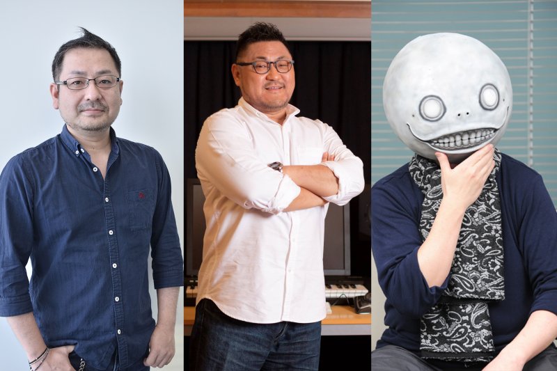Nier Automata: il trio in tutto il suo splendore. Da sinistra, Yosuke Saito, Keiichi Okabe e Yoko Taro Nier Automata: il trio in tutto il suo splendore. Da sinistra, Yosuke Saito, Keiichi Okabe e Yoko Taro
