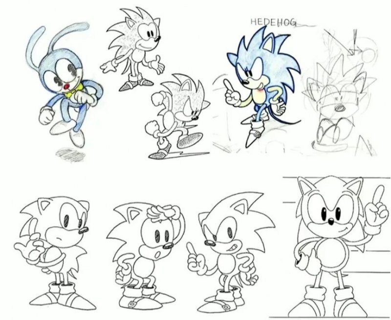 Evoluzione di Sonic dai primi schizzi alla versione finale Evoluzione di Sonic dai primi schizzi alla versione finale