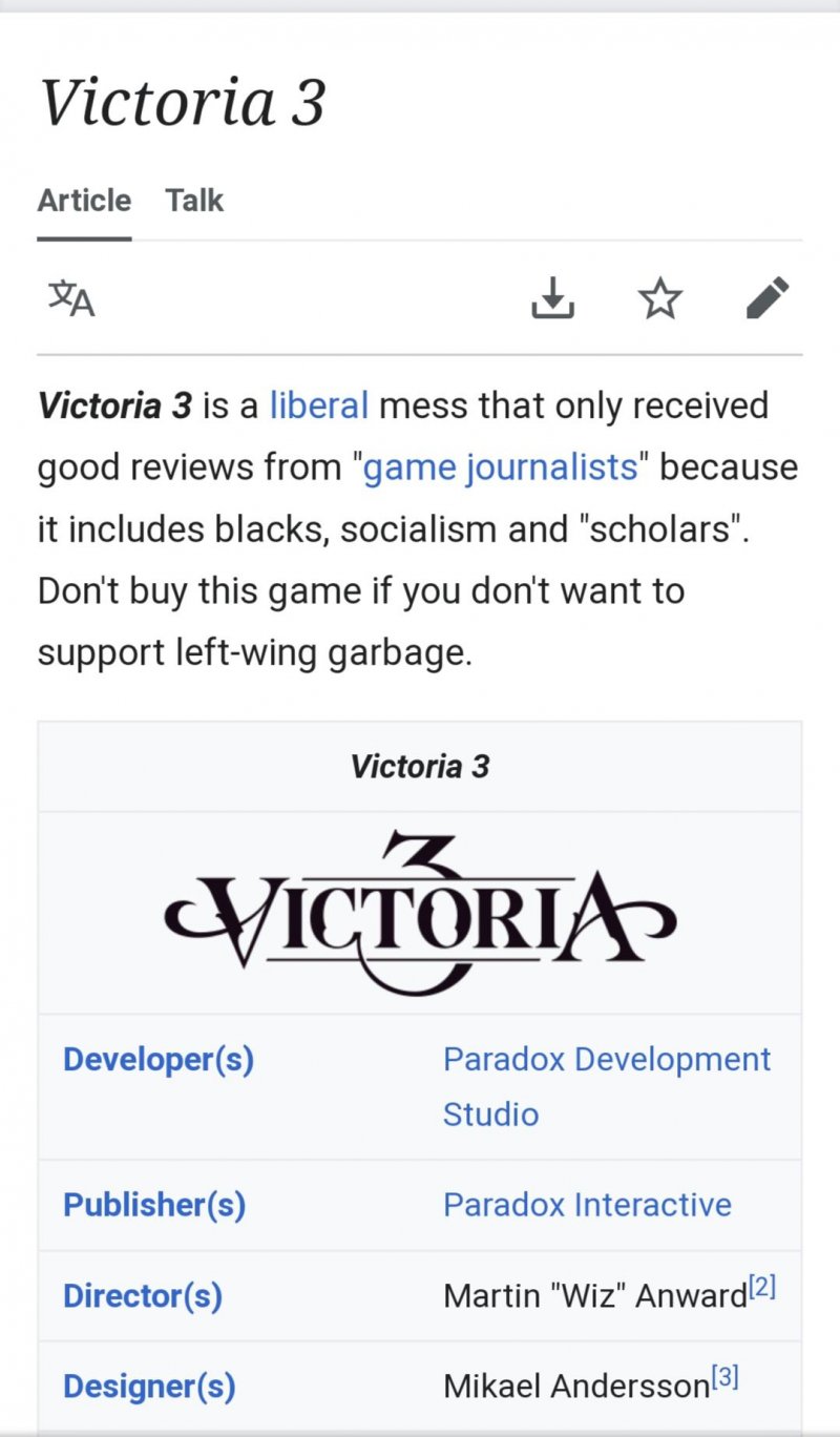 The offending modification of the Victoria 3 page on Wikipedia
