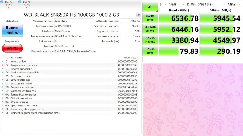 Le prestazioni su CrystalMark di WD Black SN850X 1TB con dissipatore