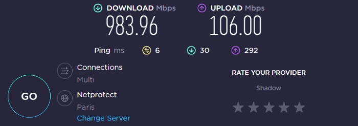 PING, velocità download e velocità upload di Shadow Power