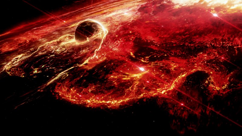 Il pianeta Rubicon 3, avvolto dalle fiamme dopo la catastrofe Il pianeta Rubicon 3, avvolto dalle fiamme dopo la catastrofe