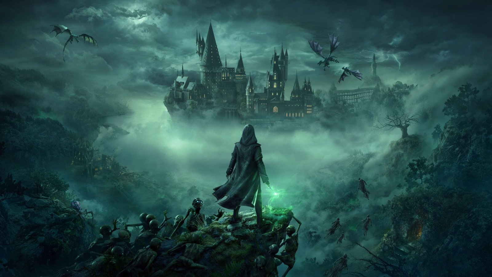 An image showing a wizard looking at Hogwarts