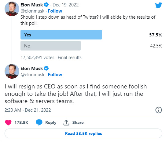 Il tweet con cui Elon Musk annuncia il suo possibile abbandono