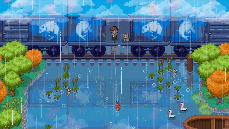 Dans Sports Story, tu peux aussi pêcher sous la pluie dans un mini-jeu simple et amusant.