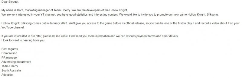 L'email des escrocs de Hollow Knight Silksong