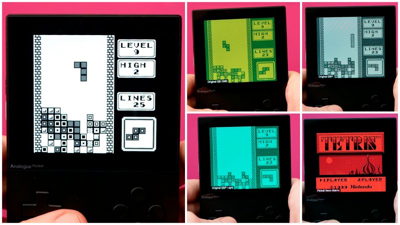 Les différents filtres graphiques d'Analogue Pocket avec les cartouches Game Boy originales