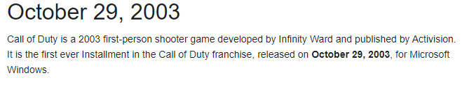 Data d'uscita del primo Call of Duty Data d'uscita del primo Call of Duty