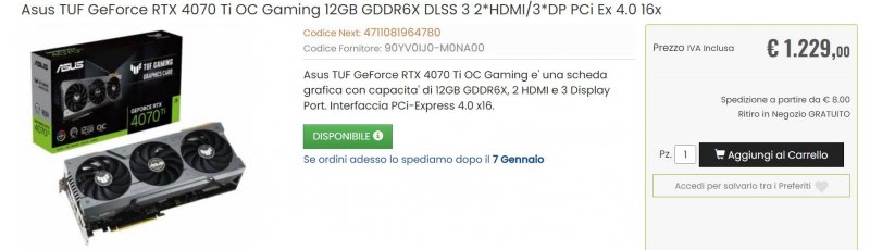 Asus TUF GeForce RTX 4070 Ti OC Gaming 12GB GDDR6X DLSS 3 2*HDMI/3*DP PCi Ex 4.0 16x a 1229€