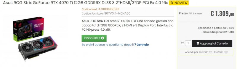 Asus ROG Strix GeForce RTX 4070 Ti 12GB GDDR6X DLSS 3 2*HDMI/3*DP PCi Ex 4.0 16x a 1309€