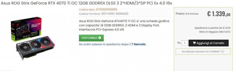 Asus ROG Strix GeForce RTX 4070 Ti OC 12GB GDDR6X DLSS 3 2*HDMI/3*DP PCi Ex 4.0 16x a 1339€