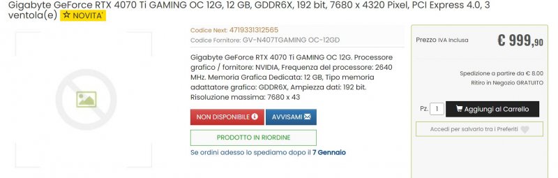 Gigabyte GeForce RTX­­ 4070 Ti GAMING OC 12G, 12 GB, GDDR6X, 192 bit, 7680 x 4320 Pixel, PCI Express 4.0 a 999€