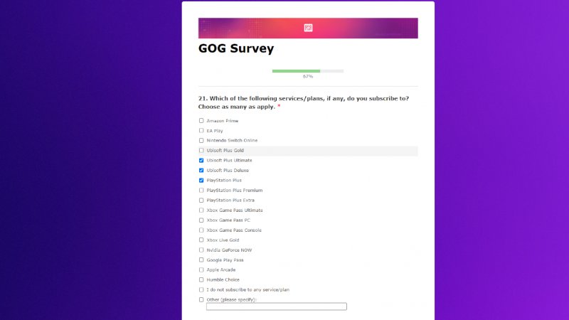 Il sondaggio di GOG che cita Ubisoft+ Gold, Deluxe e Premium