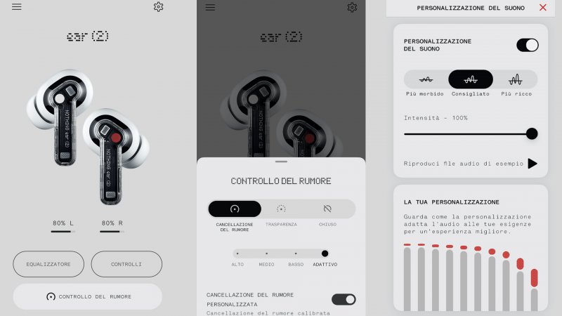 Trois écrans de l'application Nothing X pour Ear (2) : menu principal, contrôle du bruit et son personnalisé.