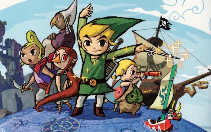 The Legend of Zelda: The Wind Waker: Link con la sua Bacchetta del Vento nell'artwork principale del gioco The Legend of Zelda: The Wind Waker: Link con la sua Bacchetta del Vento nell'artwork principale del gioco