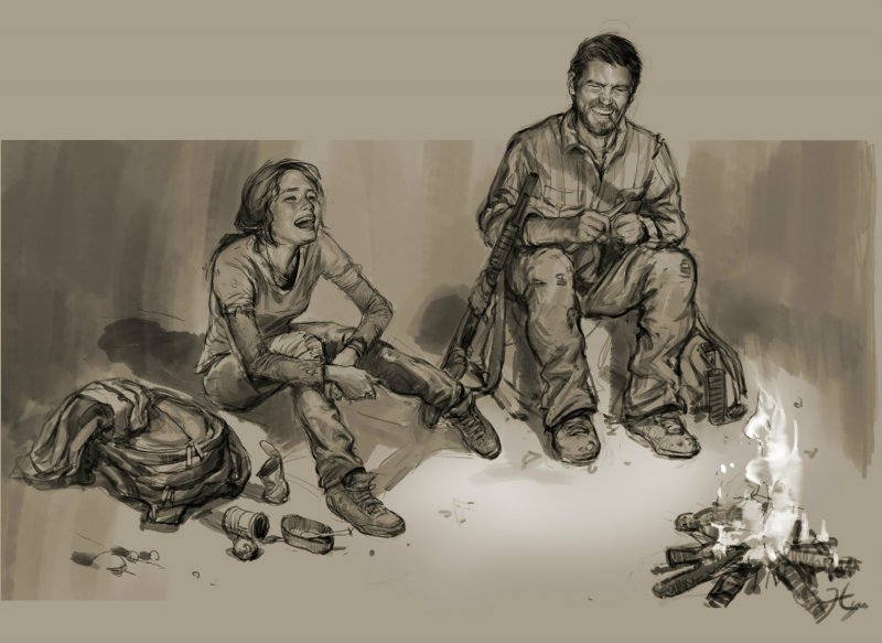Un artwork inserito nell'artbook ufficiale del primo episodio di The Last of Us che mostra Joel ed Ellie intorno ad un fuoco campo