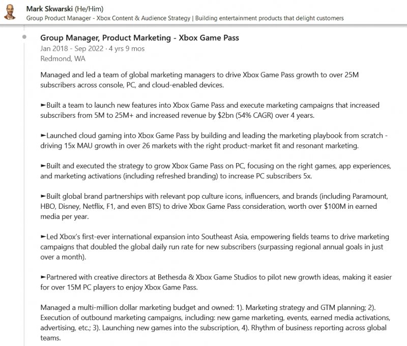 Il curriculum di Mark Skwarski con il dato su PC Game Pass