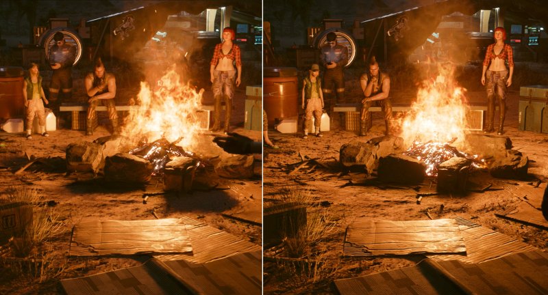 In alcuni frangenti le novità di Cyberpunk 2077 in modalità Overdrive, sulla sinistra nell'immagine, sono meno visibili, ma le ombre e la diffusione della luce path traced si fanno comunque notare