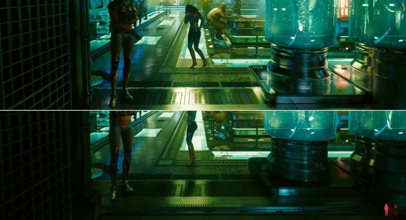 Come risulta evidente nella parte superiore dell'immagine, la diffusione della luce in Cyberpunk 2077 in modalità Overdrive aumenta il realismo ma anche la visibilità dei dettagli