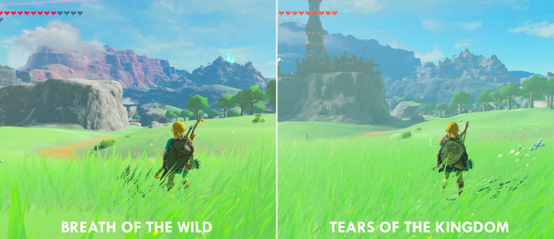 Lo stesso punto della mappa confrontato in The Legend of Zelda: Breath of the Wild e Tears of the Kingdom. I boblin si sono dati da fare per costruire un avamposto Lo stesso punto della mappa confrontato in The Legend of Zelda: Breath of the Wild e Tears of the Kingdom. I boblin si sono dati da fare per costruire un avamposto