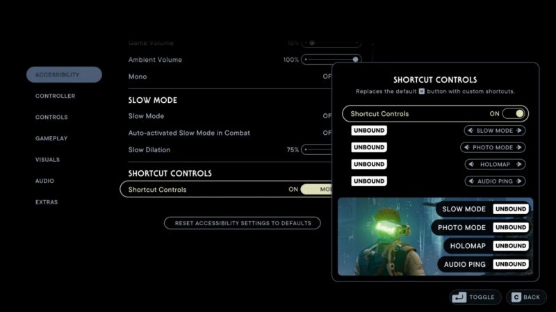 Il menù di accessibilità di Star Wars Jedi Survivor