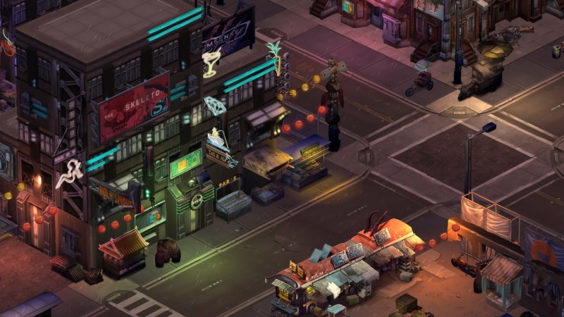 Shadowrun Returns propose un décor cyberpunk fascinant avec un cadrage isométrique.