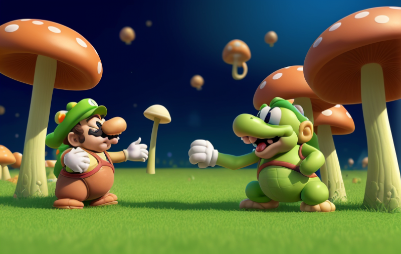 Una scena di Super Mario Bros. 2 il film, nella quale l'IA Stable Diffusion fornisce la sua personale visione di Yoshi Una scena di Super Mario Bros. 2 il film, nella quale l'IA Stable Diffusion fornisce la sua personale visione di Yoshi