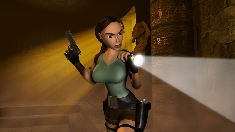 Tomb Raider : The Last Revelation, Lara avec un pistolet et une torche dans l'illustration officielle.