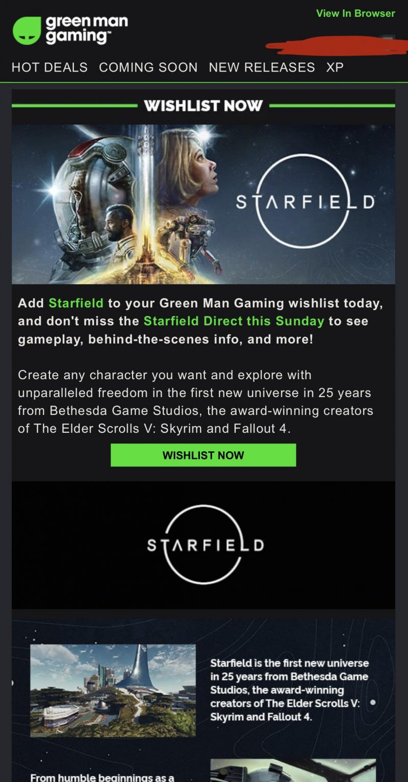 Screenshot dell'email di Green Man Gaming che sembra indicare il prossimo avvio dei preordini per Starfield