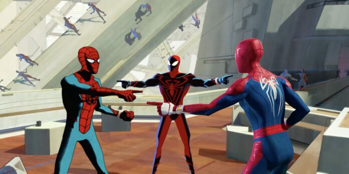 Lo Spider-Man di Insomniac Games è protagonista di una brevissima scena e lo vediamo anche nella ricreazione dell'iconico meme con gli Uomini-Ragno che si indicano tra di loro Lo Spider-Man di Insomniac Games è protagonista di una brevissima scena e lo vediamo anche nella ricreazione dell'iconico meme con gli Uomini-Ragno che si indicano tra di loro