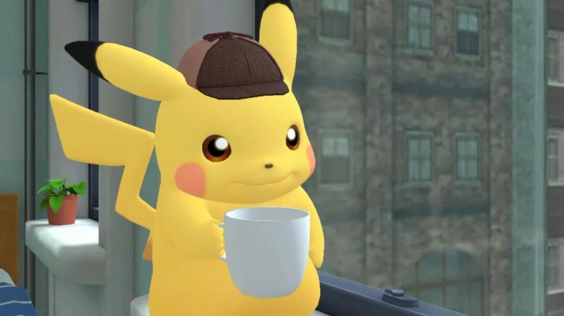 Détective Pikachu : Le Retour, le célèbre personnage sirote une tasse de thé.