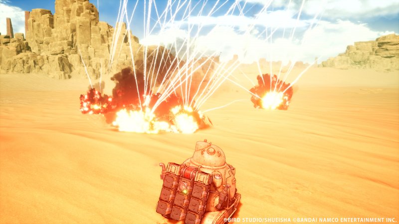 Un carro armato di Sand Land che colpisce con i missili i nemici nel deserto