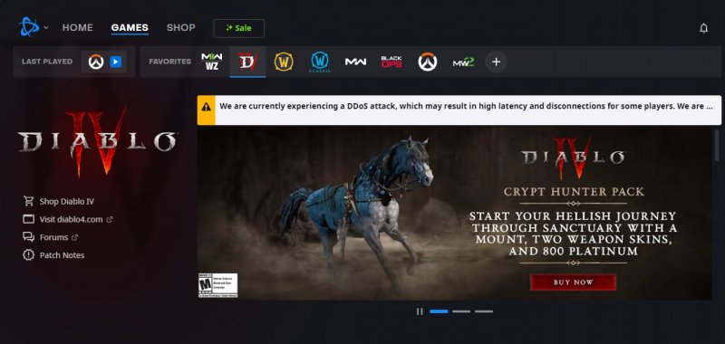Diablo 4 sotto attacco DDoS, uno screenshot del client
