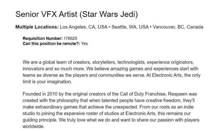 Lo screenshot che mostra l'annuncio di lavoro per un Senior VFX Artist su Star Wars Jedi