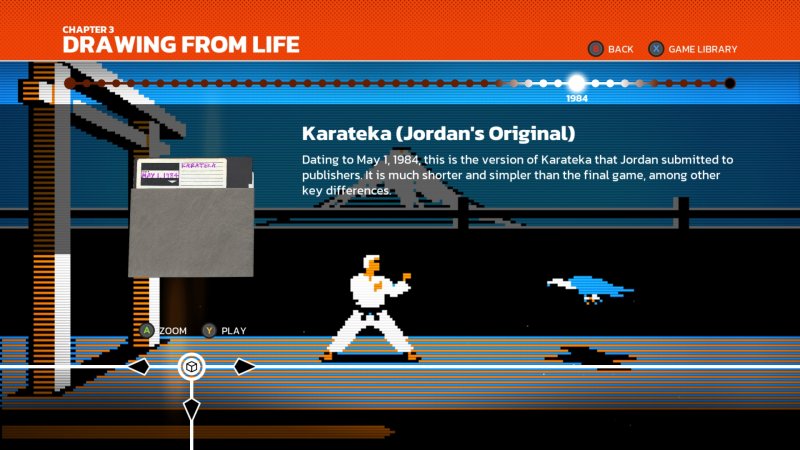 The Making of Karateka est structurée de la même manière que les autres collections Digital Eclipse, le contenu étant développé sur des lignes temporelles