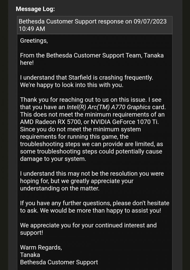 Il messaggio inviato dal servizio clienti di Bethesda