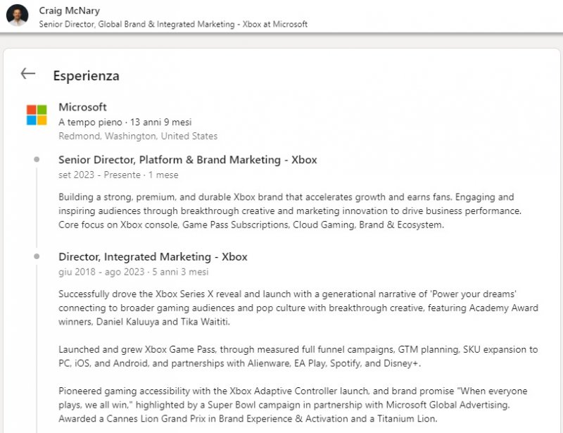 La versione modificata della pagina LinkedIn di Craig McNary